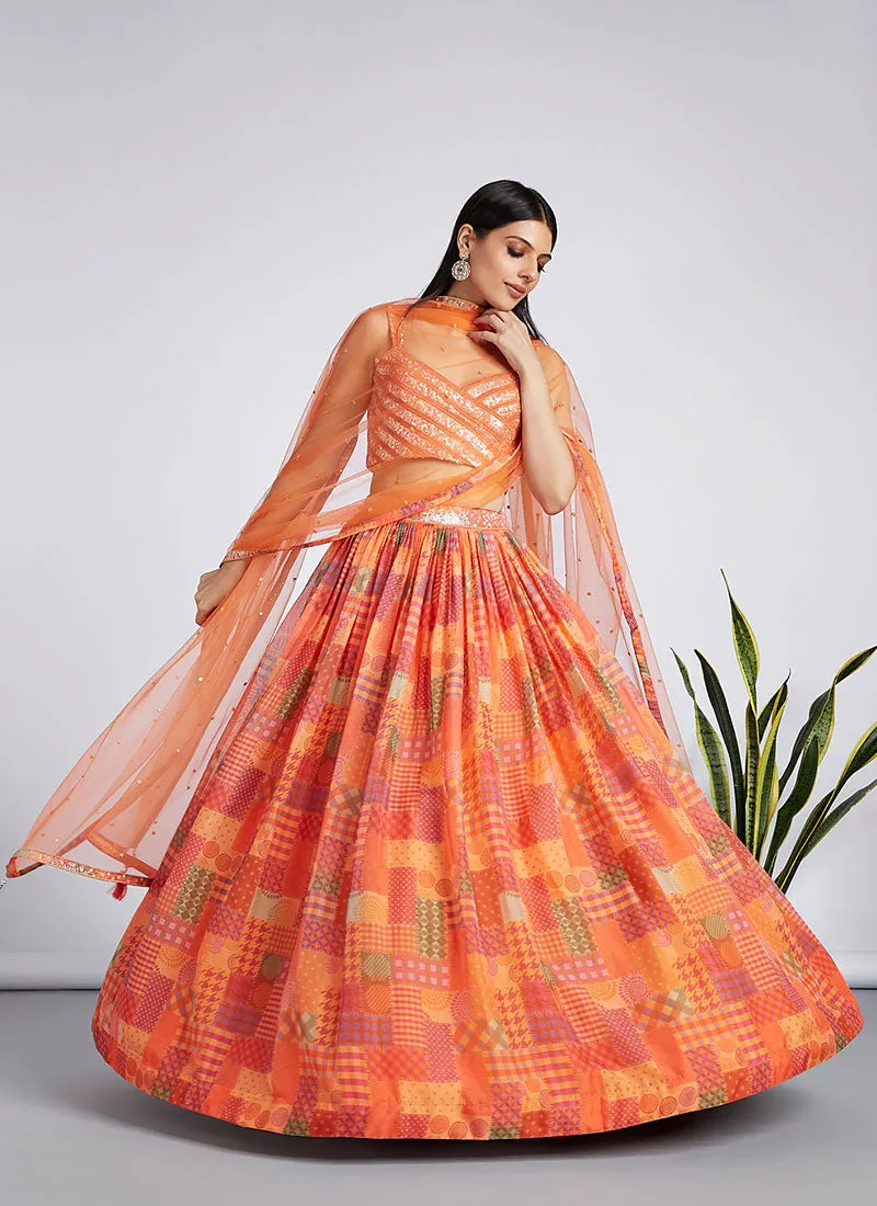 Orange Sequence Embroidery Printed Lehenga Choli And Dupatta
