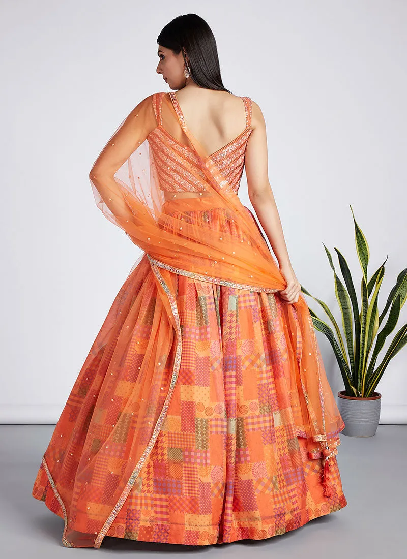 Orange Sequence Embroidery Printed Lehenga Choli And Dupatta
