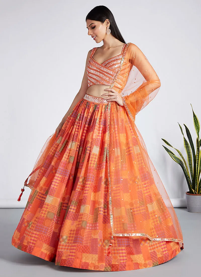 Orange Sequence Embroidery Printed Lehenga Choli And Dupatta