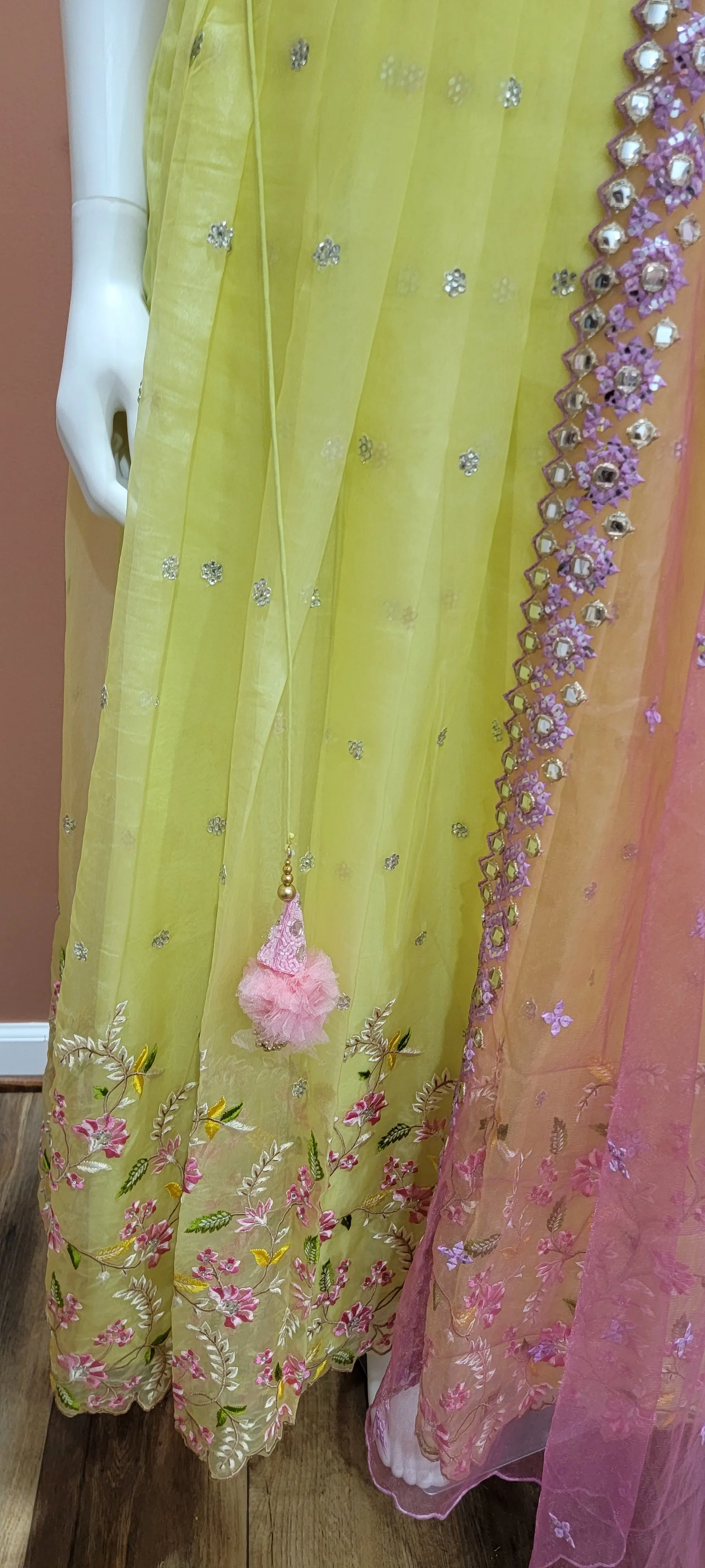 Organza Lehenga Set in Pink and Yellow