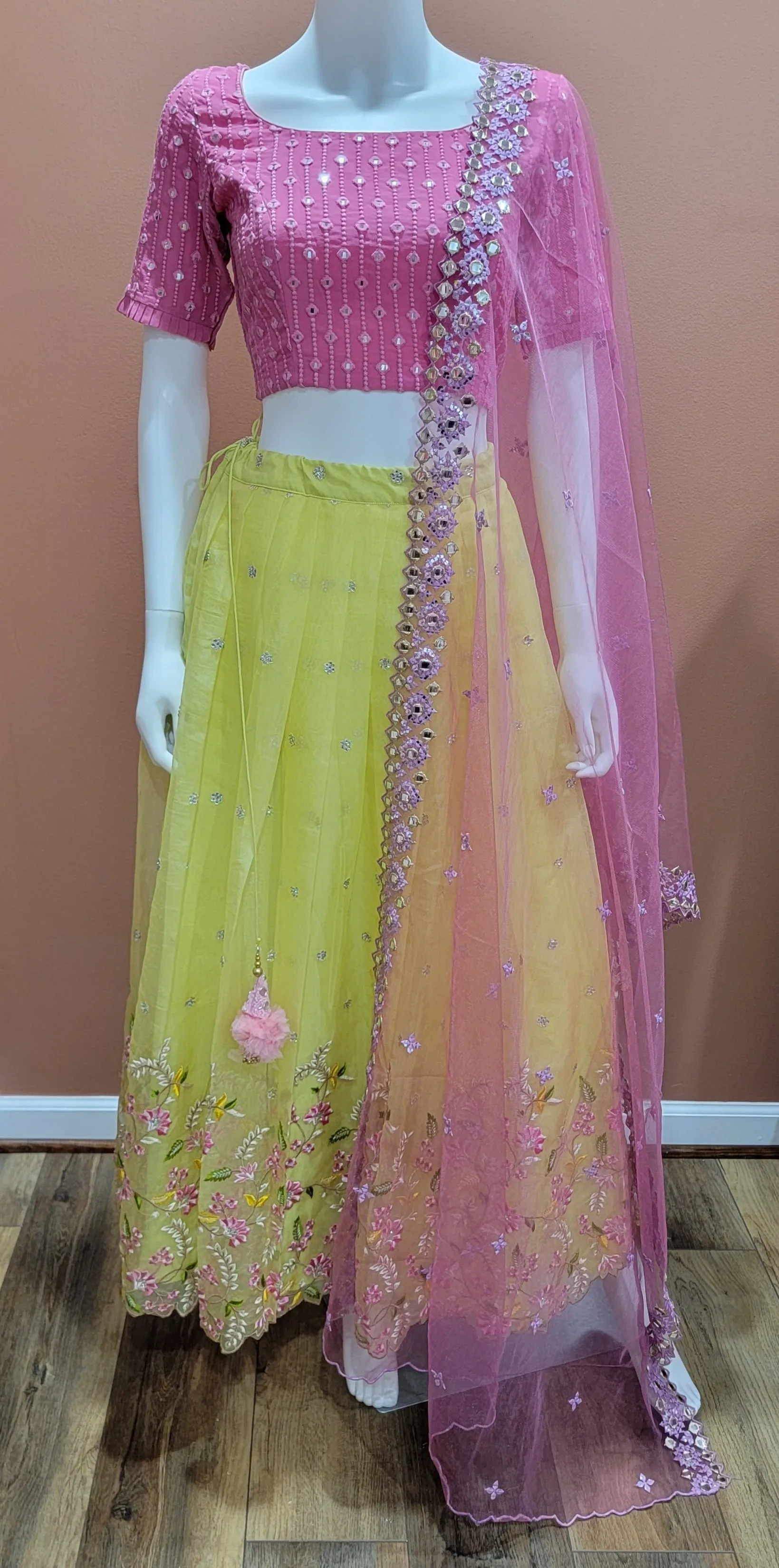 Organza Lehenga Set in Pink and Yellow