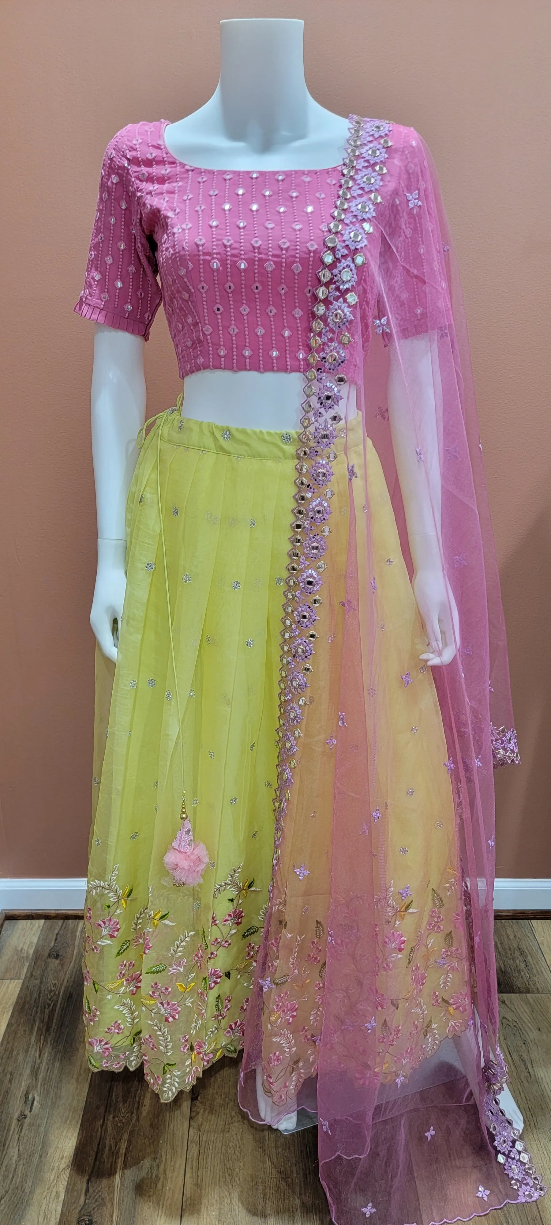 Organza Lehenga Set in Pink and Yellow