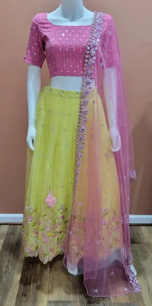 Organza Lehenga Set in Pink and Yellow