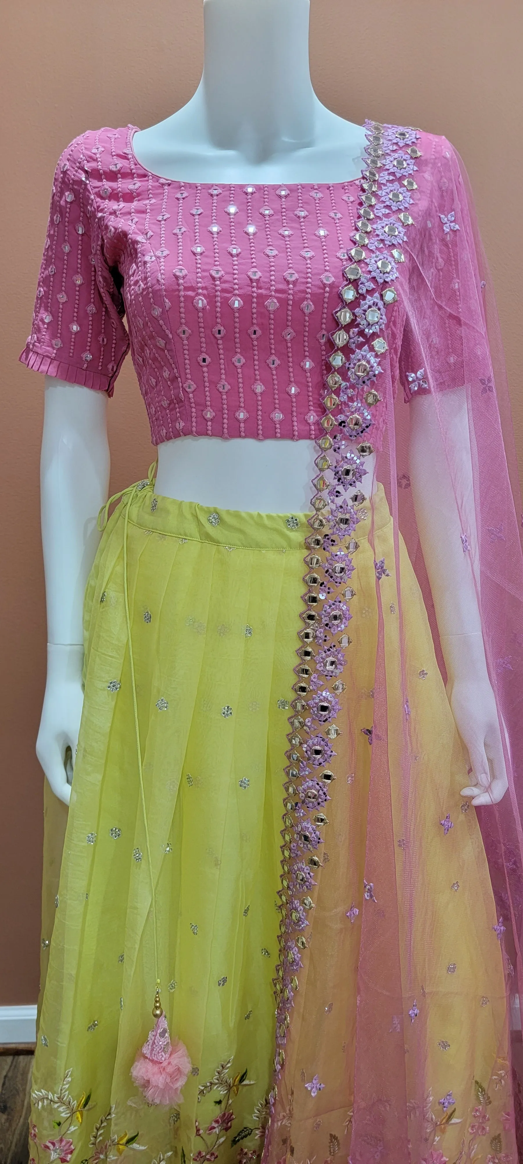 Organza Lehenga Set in Pink and Yellow