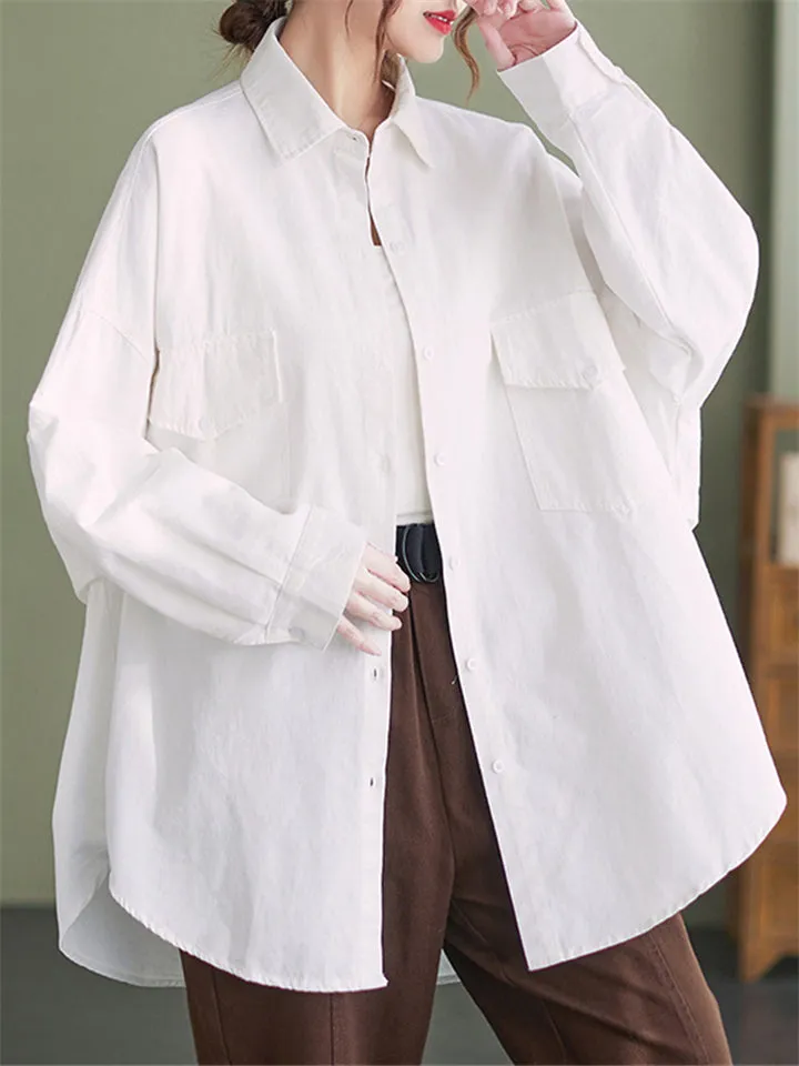 Oversized Button Up Back Patch Cargo Shirts for Women