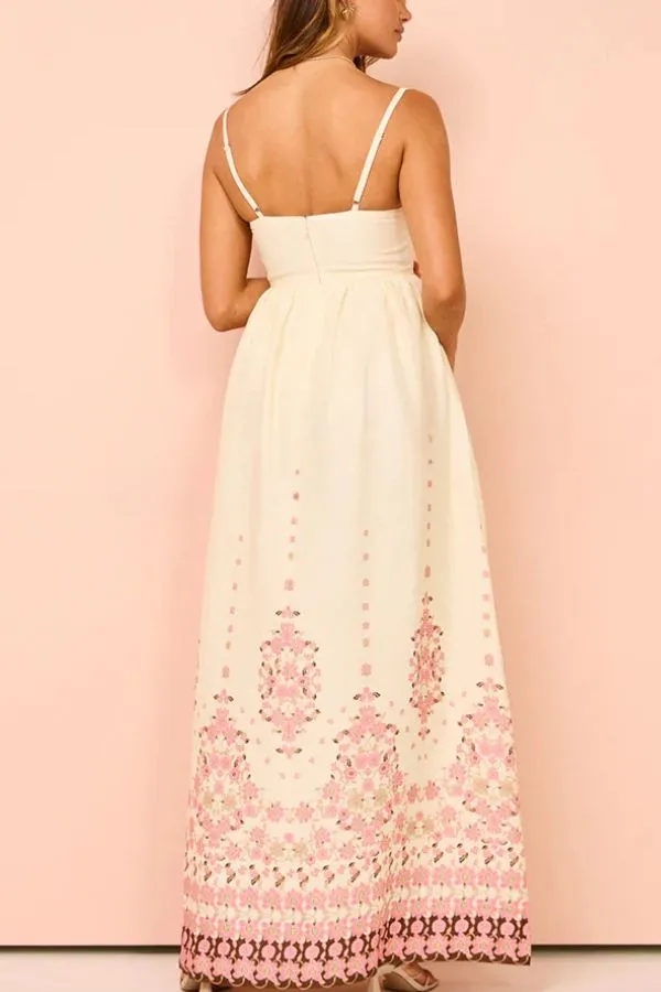 Paradise Flowers Linen Blend Unique Print Pocketed Strap Loose Maxi Dress