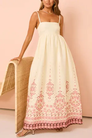 Paradise Flowers Linen Blend Unique Print Pocketed Strap Loose Maxi Dress