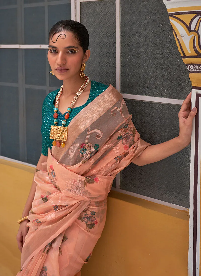 Peach And Turquoise Floral Organza Silk Saree With Sequence Embroidered Blouse