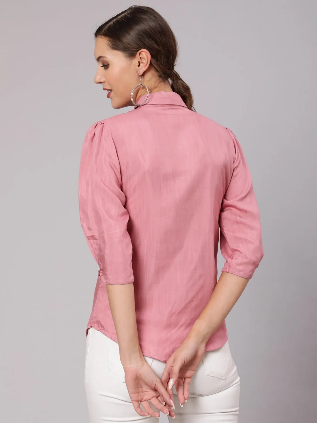 Pink Color Silk Blend Solid Shirt With Puffed Sleeves And Front Opening