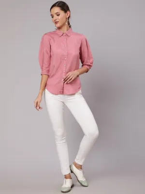 Pink Color Silk Blend Solid Shirt With Puffed Sleeves And Front Opening