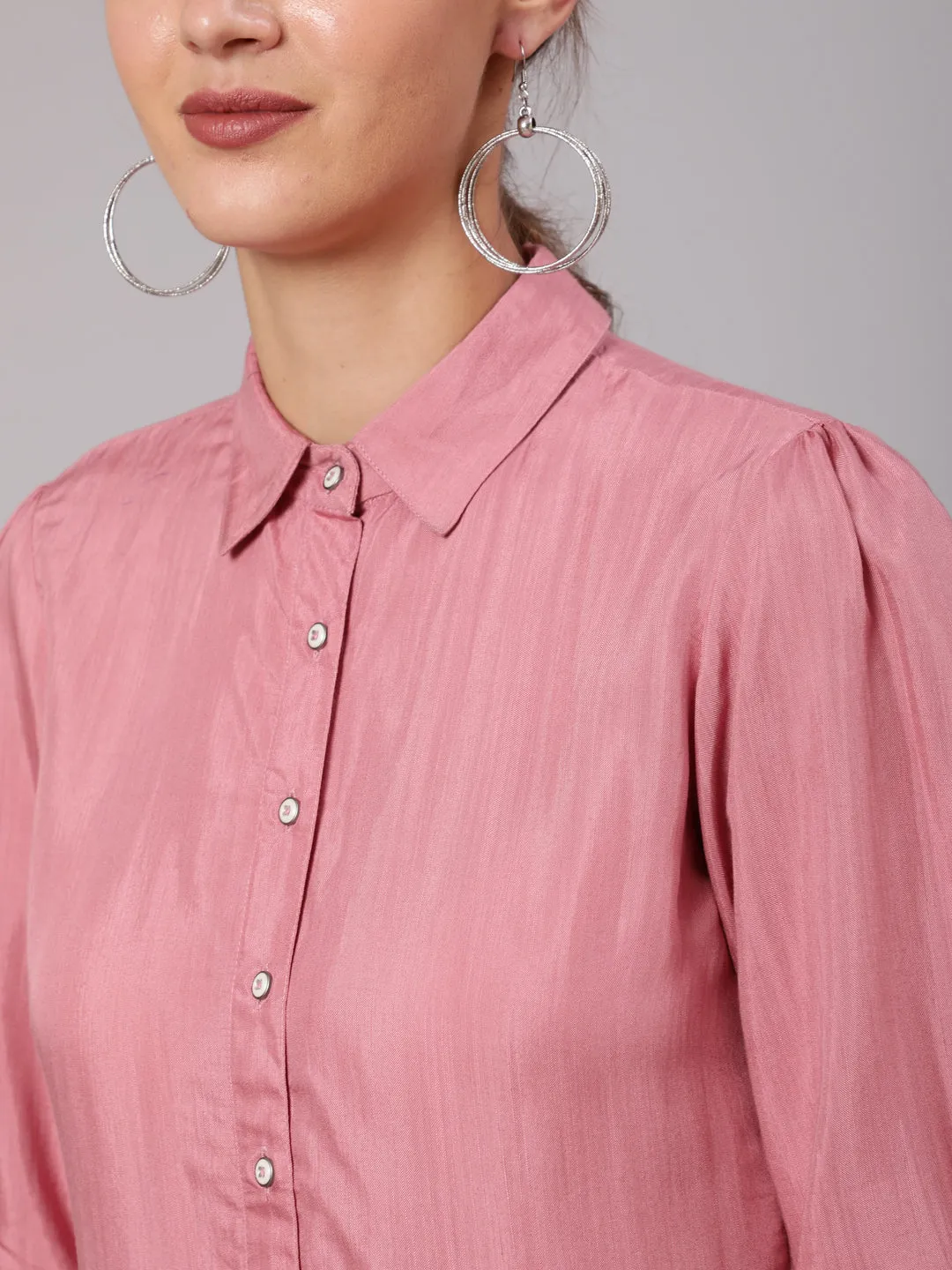 Pink Color Silk Blend Solid Shirt With Puffed Sleeves And Front Opening