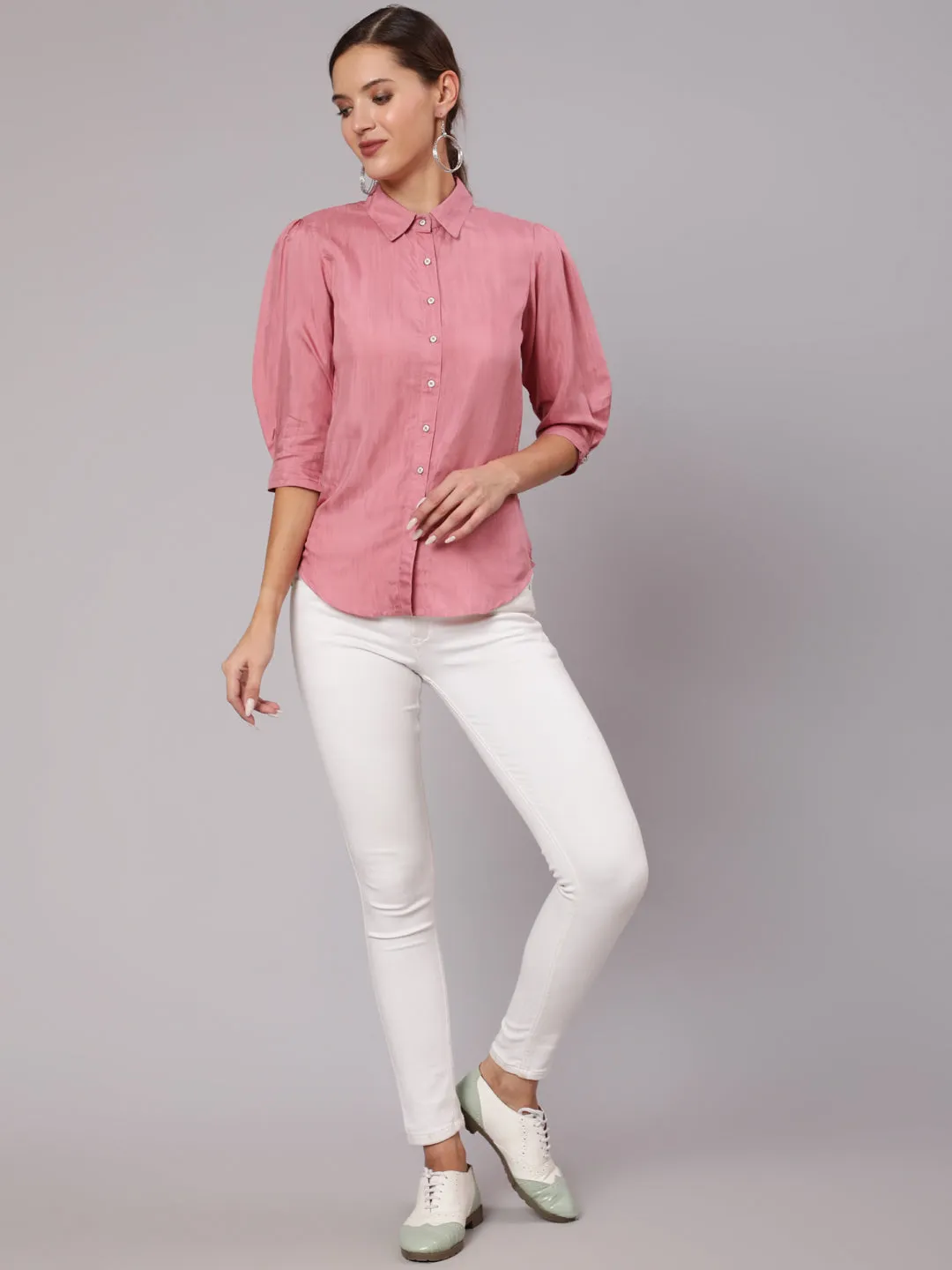 Pink Color Silk Blend Solid Shirt With Puffed Sleeves And Front Opening