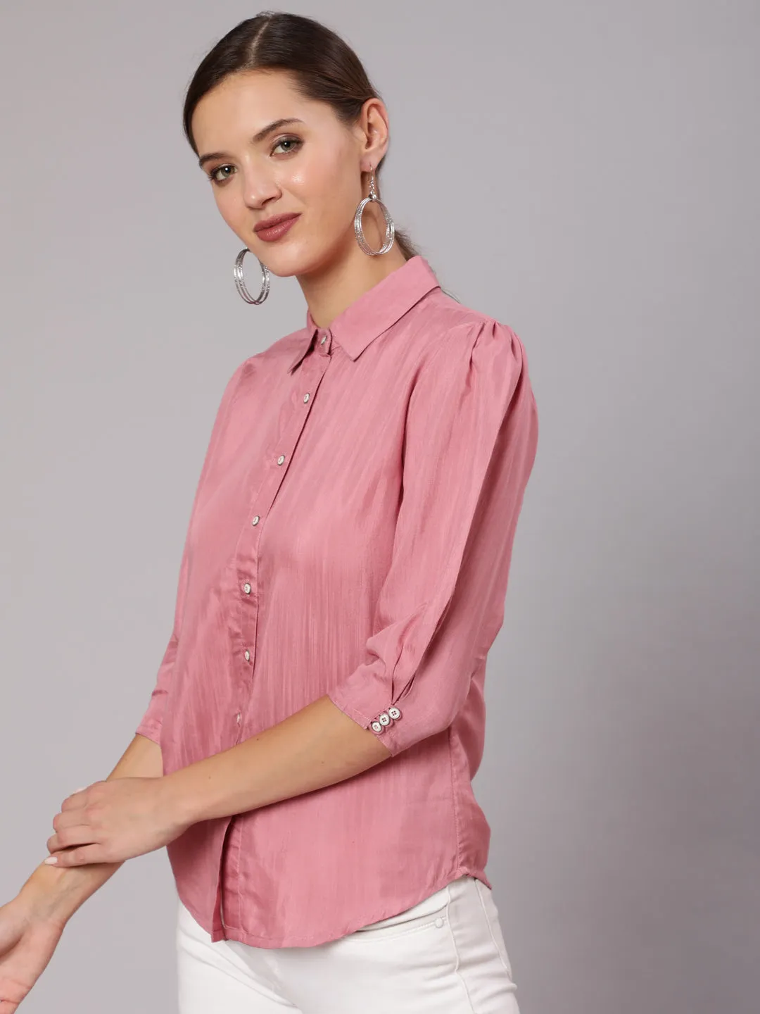 Pink Color Silk Blend Solid Shirt With Puffed Sleeves And Front Opening