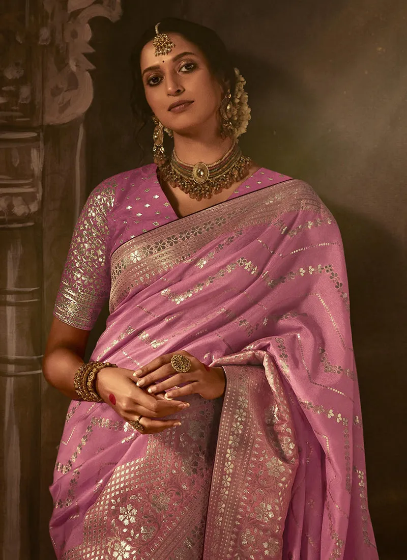 Pink Golden Weaved Pure Dola Silk Saree