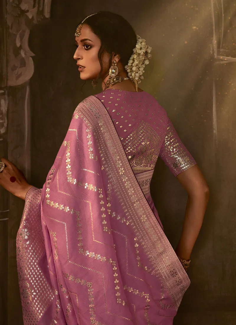 Pink Golden Weaved Pure Dola Silk Saree