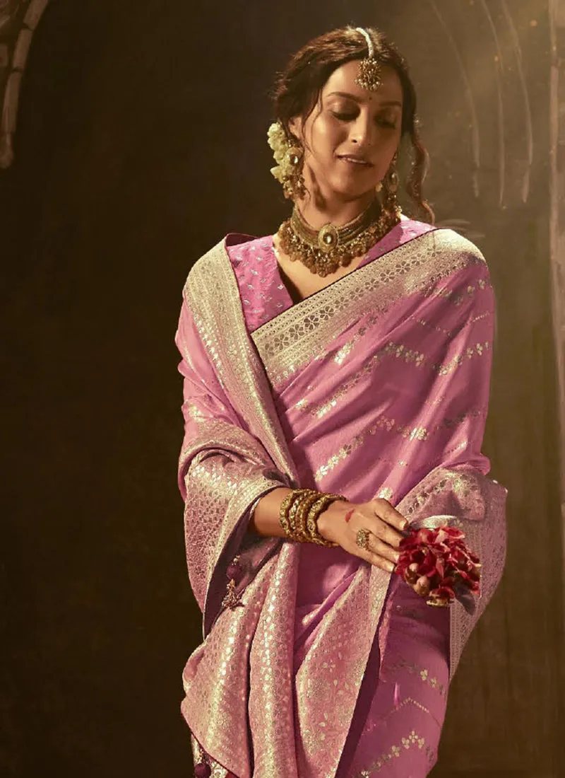 Pink Golden Weaved Pure Dola Silk Saree