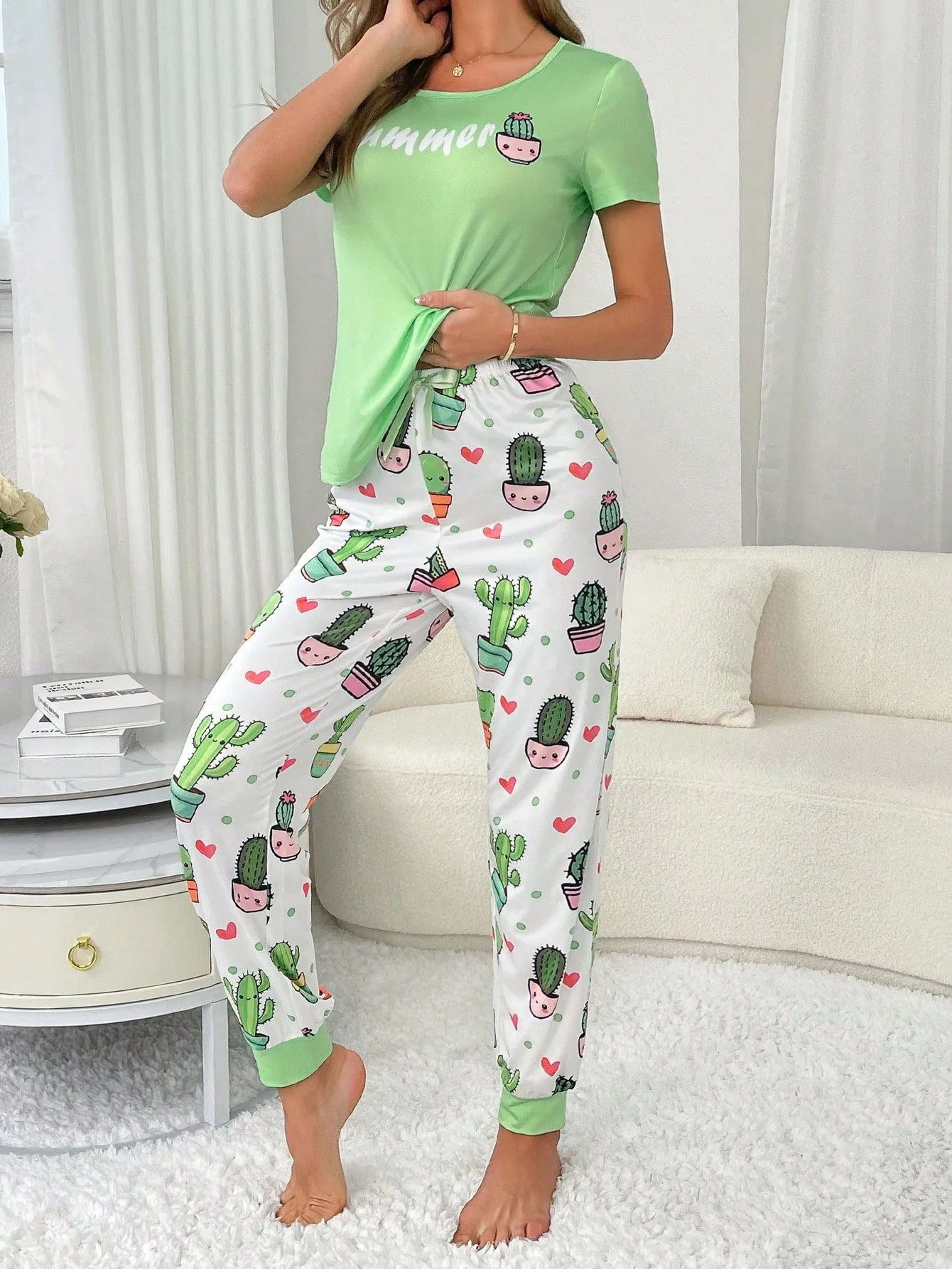 PJS15 Women's Milk Silk Pajama Set, 140g, Digital Printed