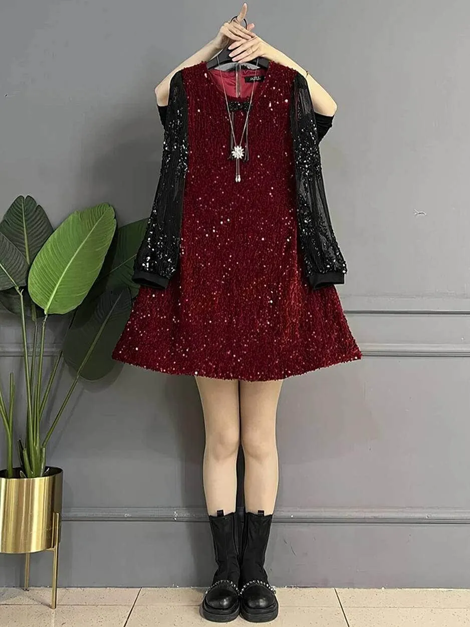 Plus Size Two-Toned Sequin Flared Dress
