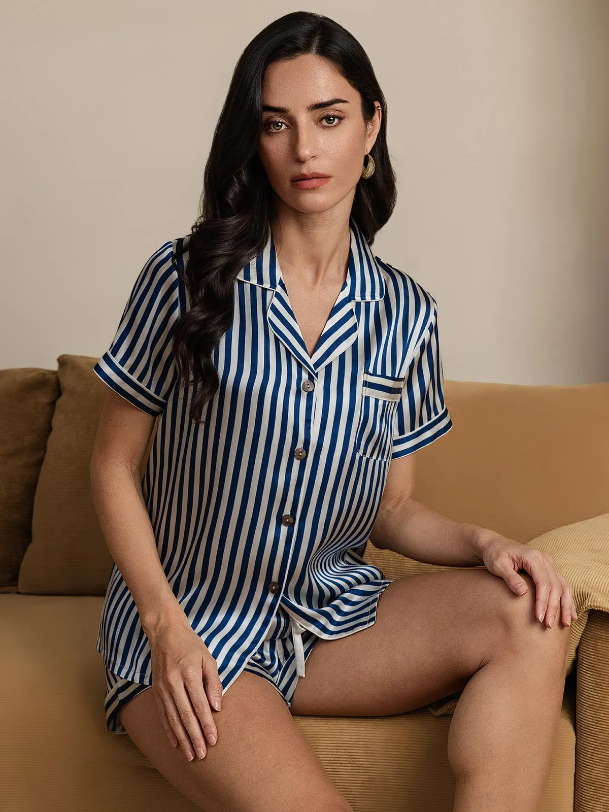 Pure Silk Stripe Print Short Sleeve Women's Pyjamas Set
