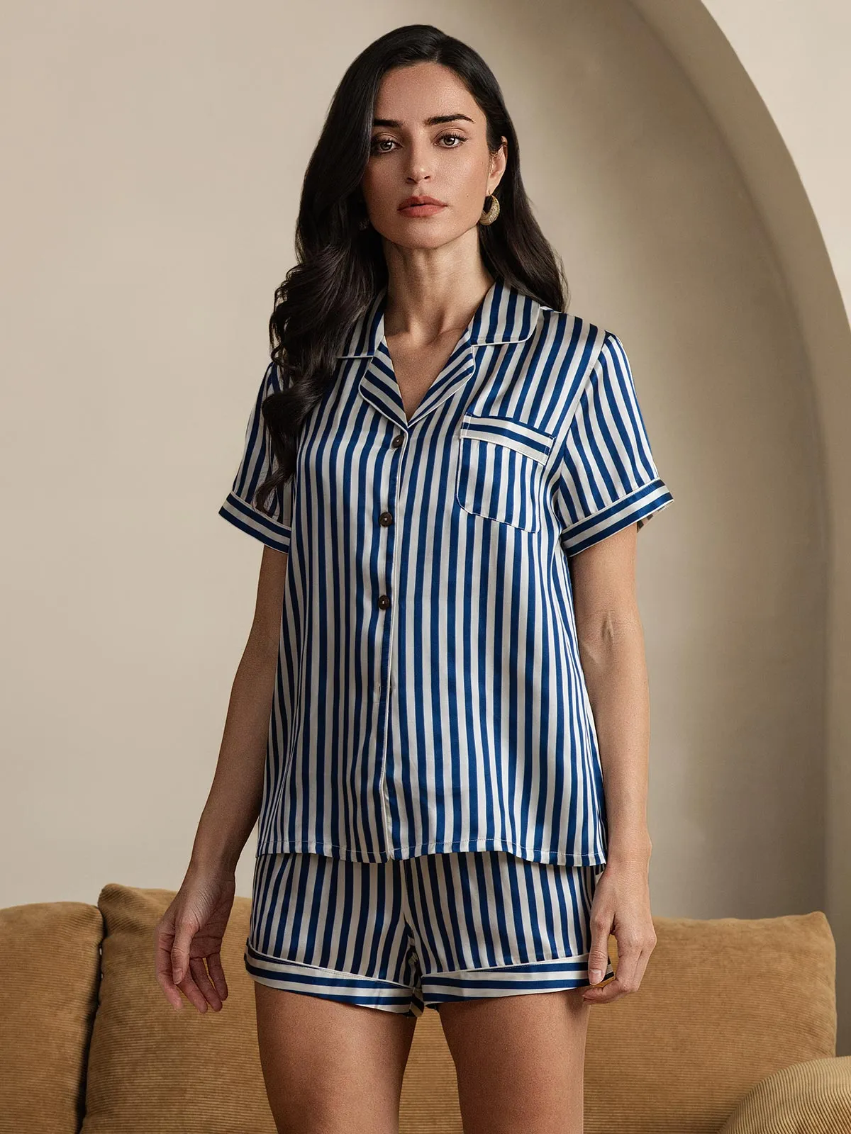 Pure Silk Stripe Print Short Sleeve Women's Pyjamas Set