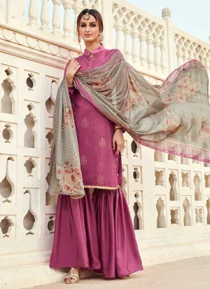 Purple Silk Work Embroidered Gharara Style Suit