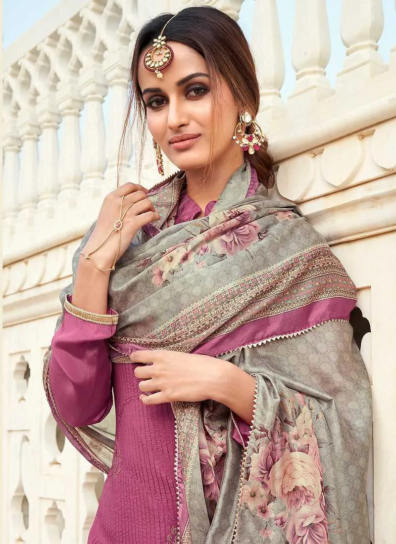 Purple Silk Work Embroidered Gharara Style Suit