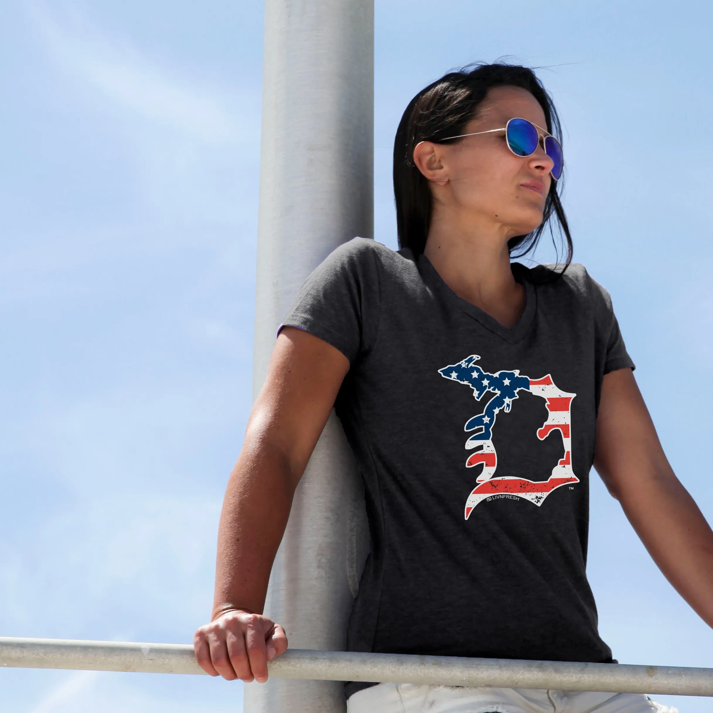 "Michigan D Flag" Women's V-Neck T Shirt