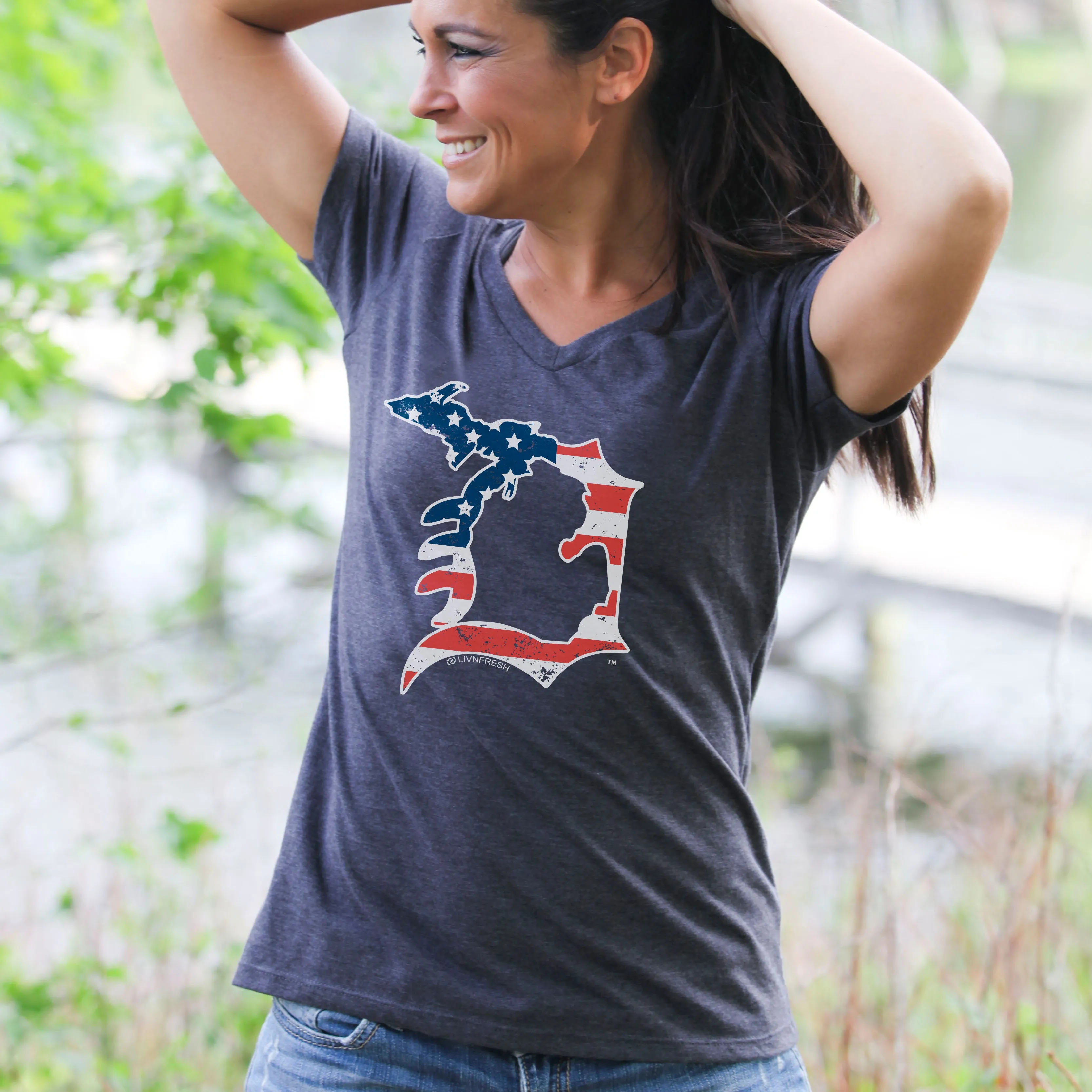 "Michigan D Flag" Women's V-Neck T Shirt
