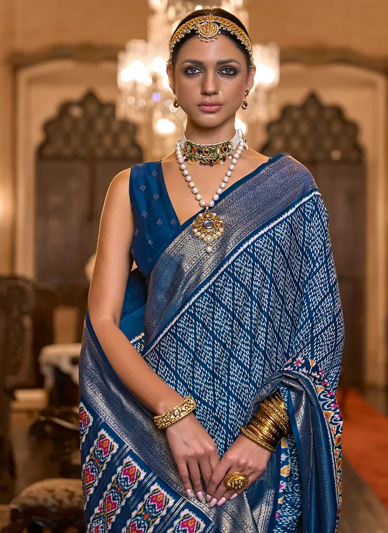 Royal Blue Ikat Printed Patola Silk Saree