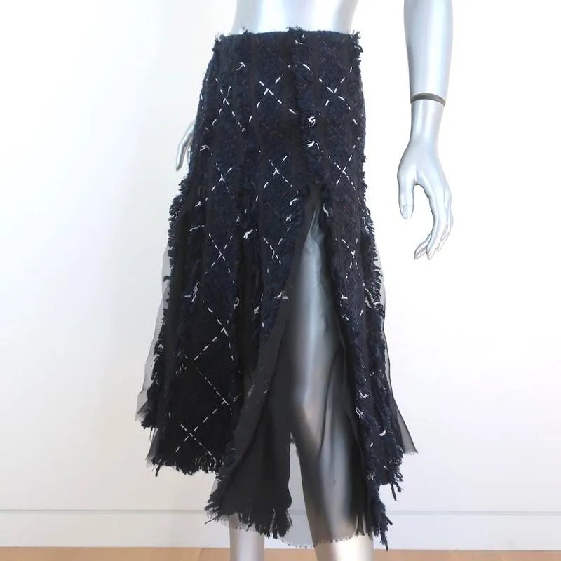 Sacai Plaid Tweed Midi Skirt Navy Cotton-Blend Size 1