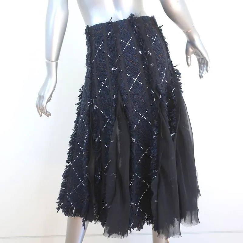 Sacai Plaid Tweed Midi Skirt Navy Cotton-Blend Size 1