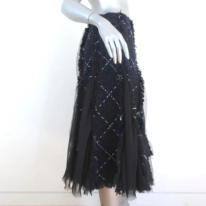 Sacai Plaid Tweed Midi Skirt Navy Cotton-Blend Size 1