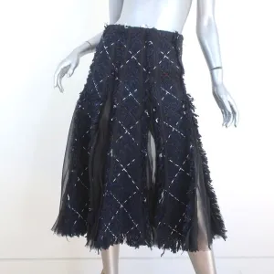 Sacai Plaid Tweed Midi Skirt Navy Cotton-Blend Size 1