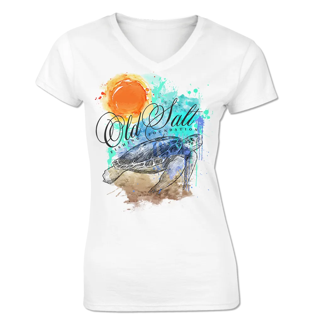 Salty Turtle - Ladies V-neck Cotton/Poly blend Fishing Tee - Short Sleeve
