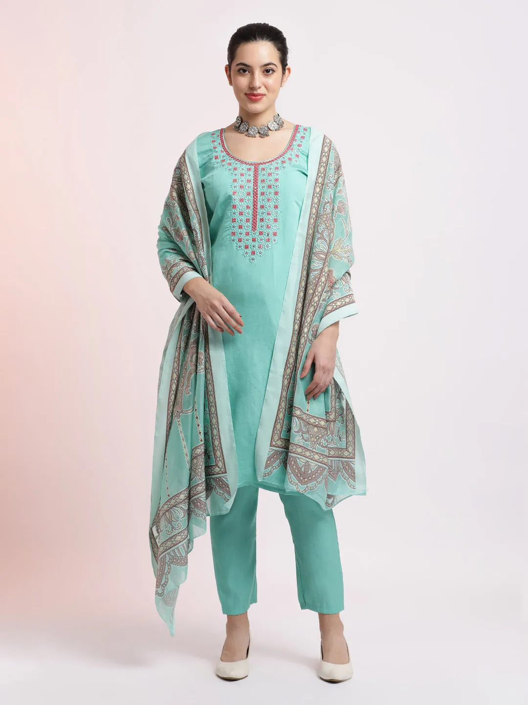 Sea Green Embroidered Silk Blend Kurta Set With Dupatta