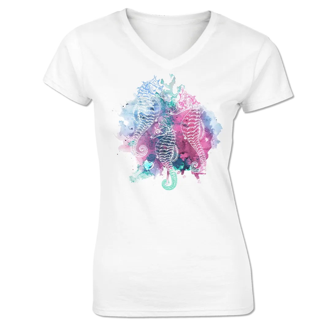 Seahorses - Ladies V-Neck Short Sleeve Shirt