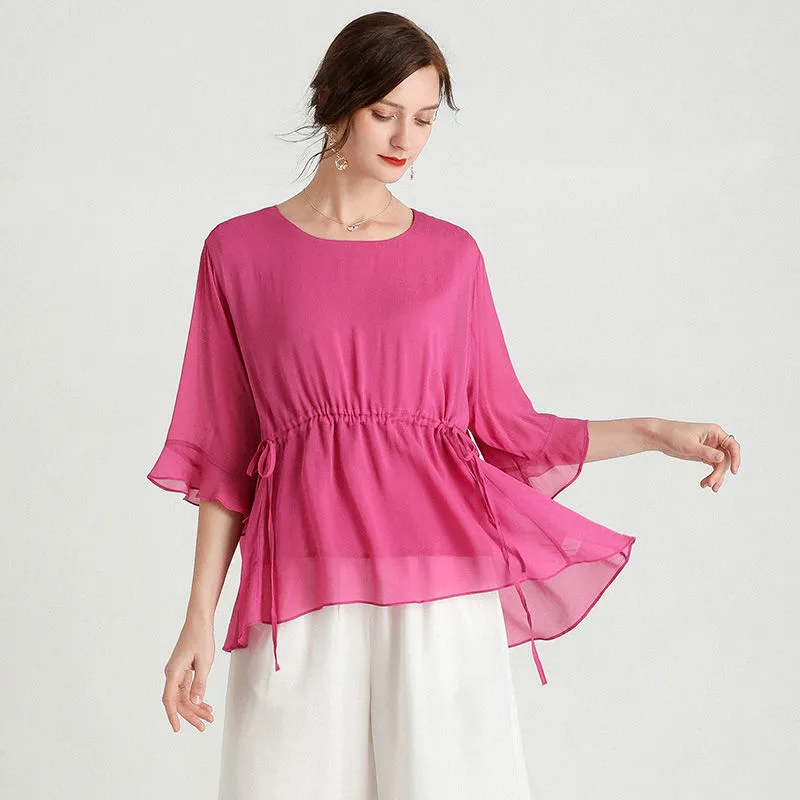 Short-Sleeved Plus Size Slimming Silk- like Blouse