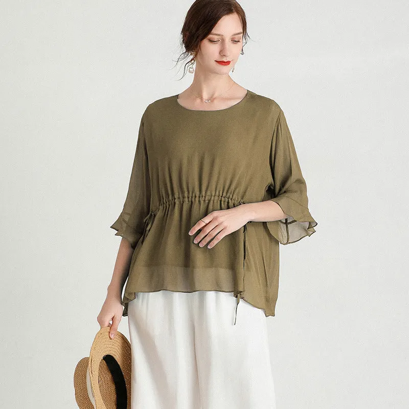 Short-Sleeved Plus Size Slimming Silk- like Blouse