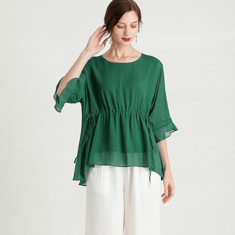 Short-Sleeved Plus Size Slimming Silk- like Blouse