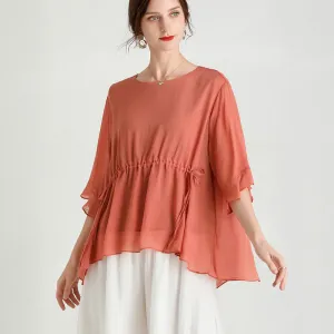Short-Sleeved Plus Size Slimming Silk- like Blouse