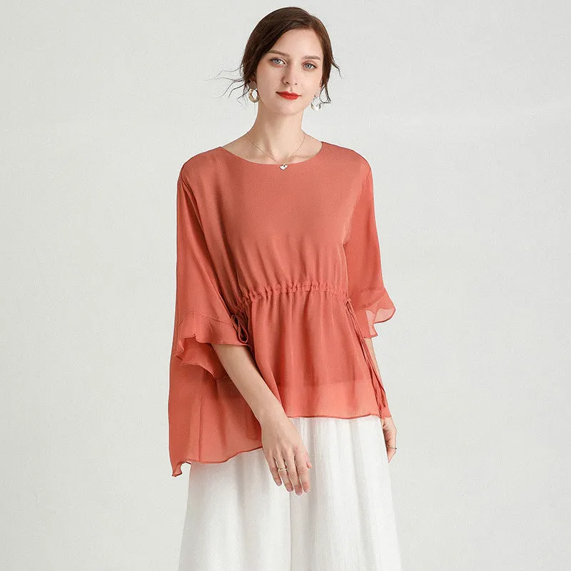 Short-Sleeved Plus Size Slimming Silk- like Blouse