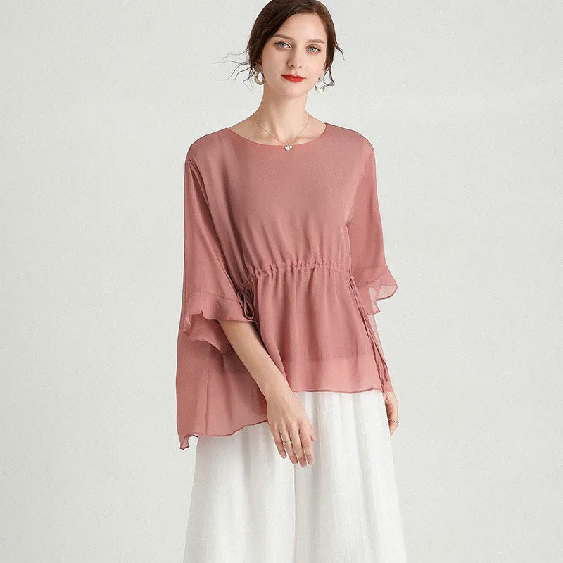 Short-Sleeved Plus Size Slimming Silk- like Blouse