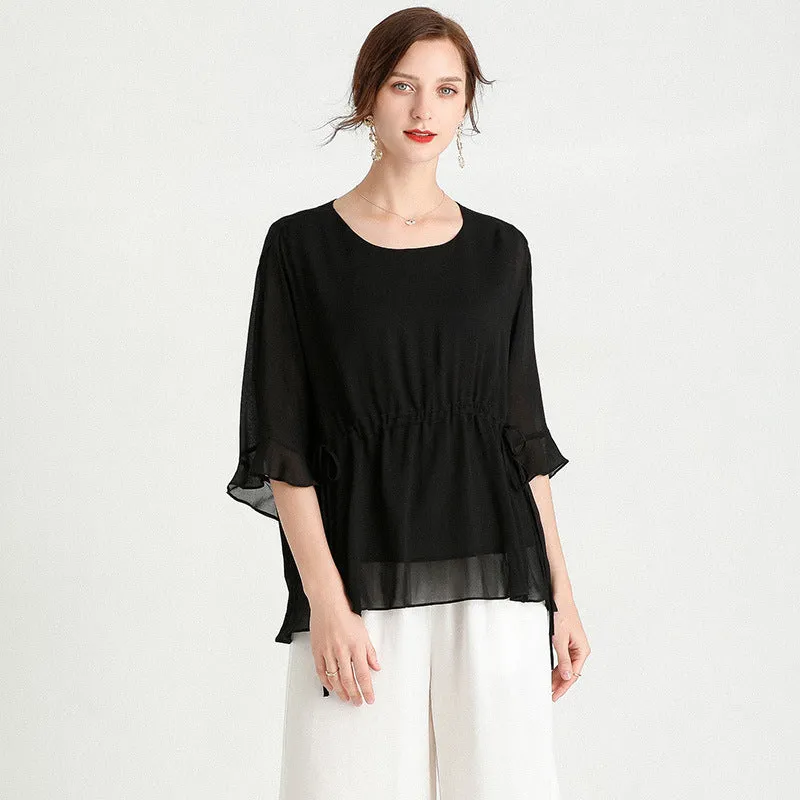 Short-Sleeved Plus Size Slimming Silk- like Blouse