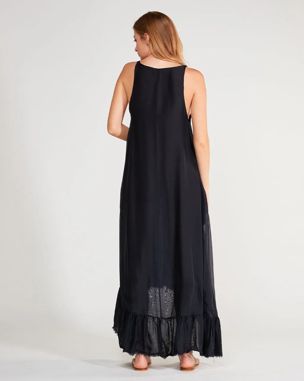 Silk Blend Deep V-Neck Ruffle Hem Tank Dress