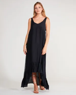 Silk Blend Deep V-Neck Ruffle Hem Tank Dress