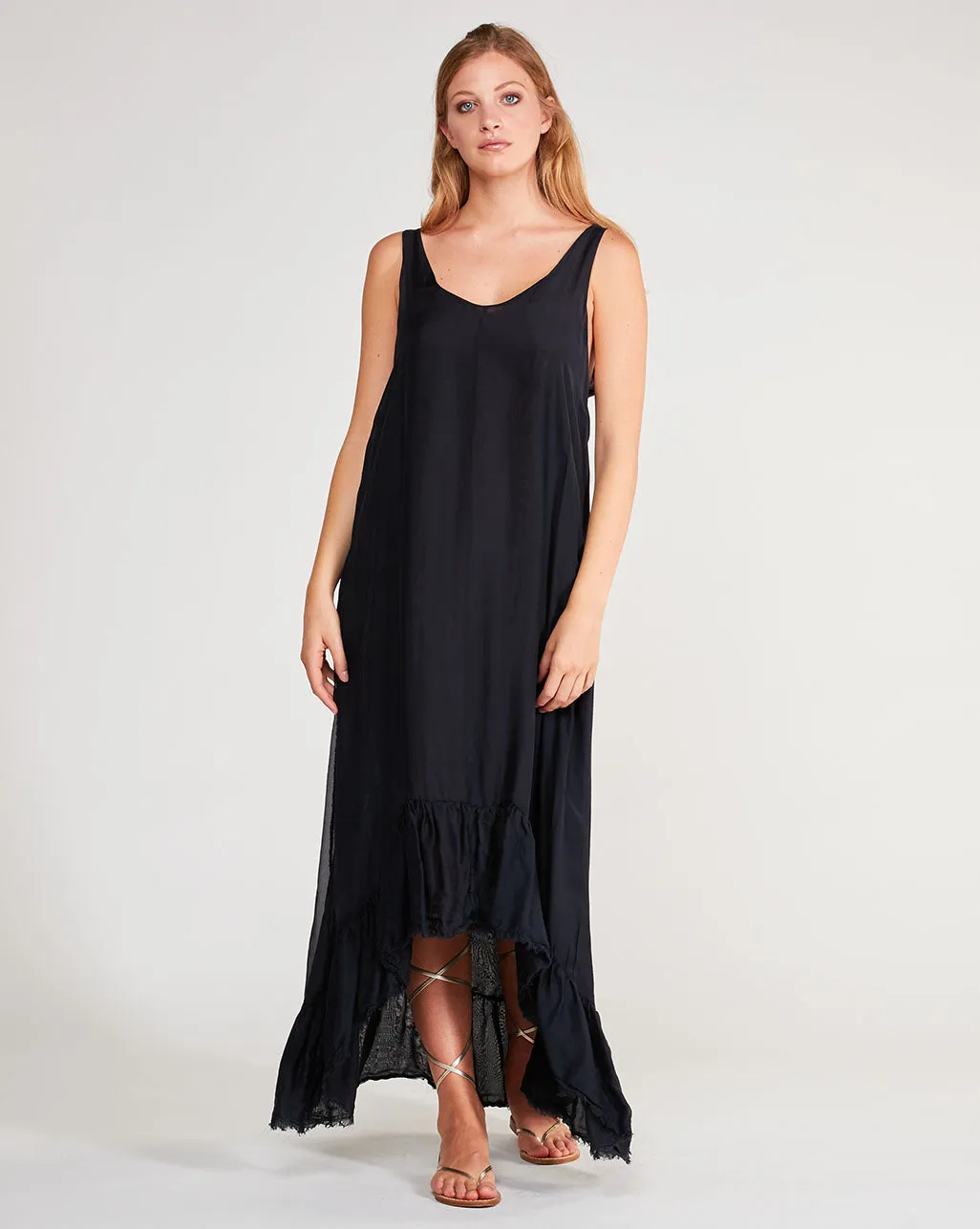 Silk Blend Deep V-Neck Ruffle Hem Tank Dress