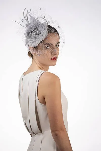 Silk Flower Face Veils Comb Fascinator: Silver