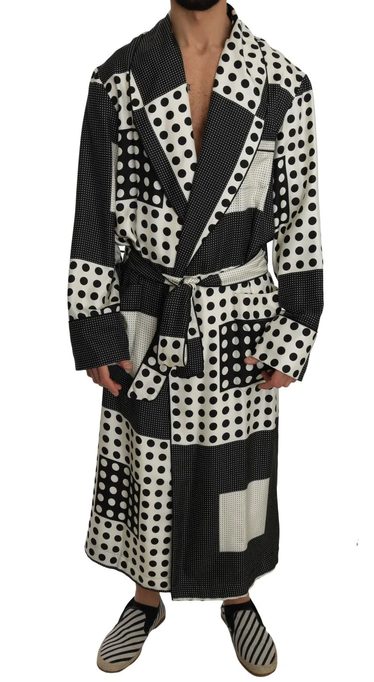 SILK Robe Nightgown Black White Polka
