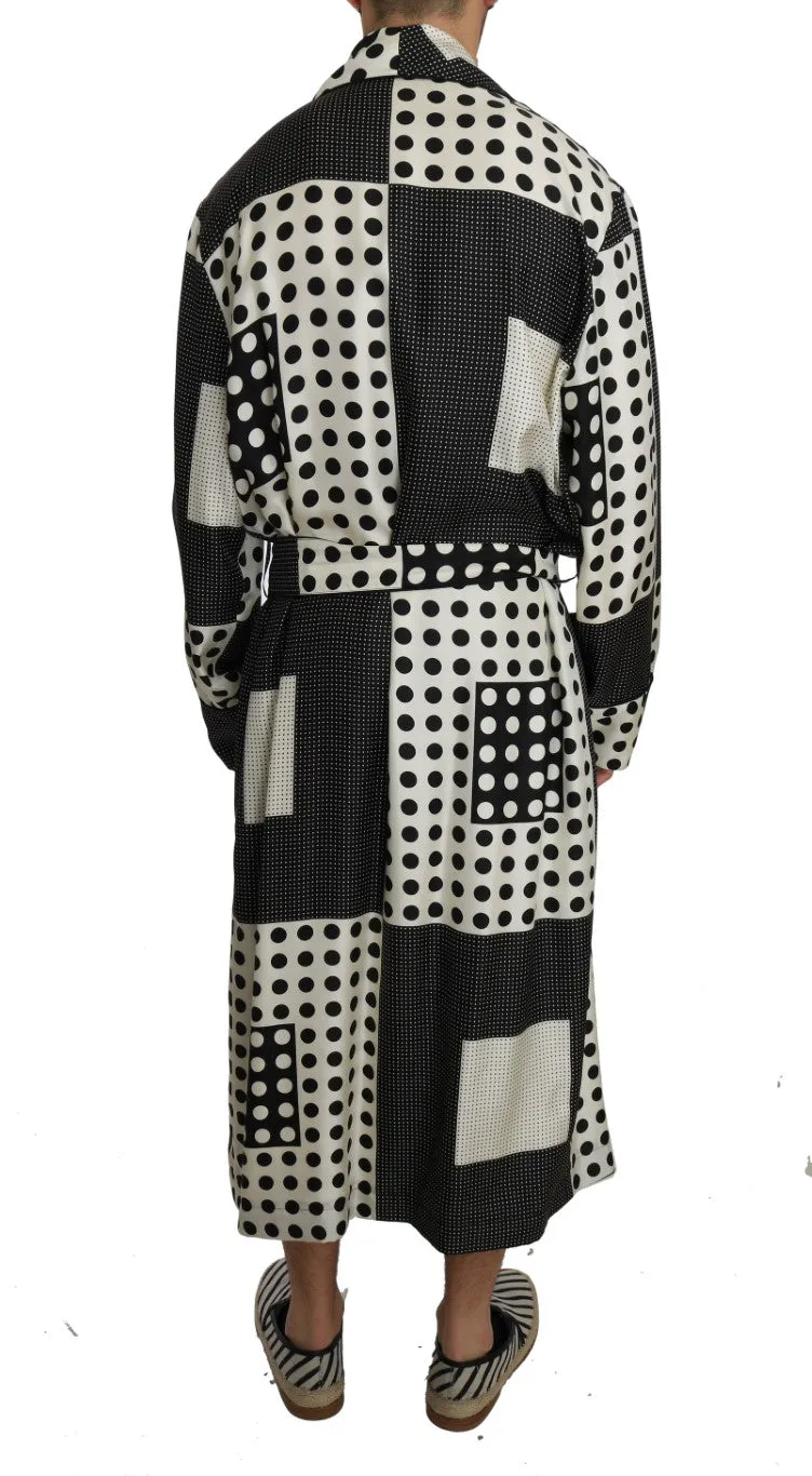 SILK Robe Nightgown Black White Polka