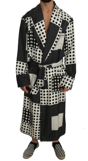 SILK Robe Nightgown Black White Polka